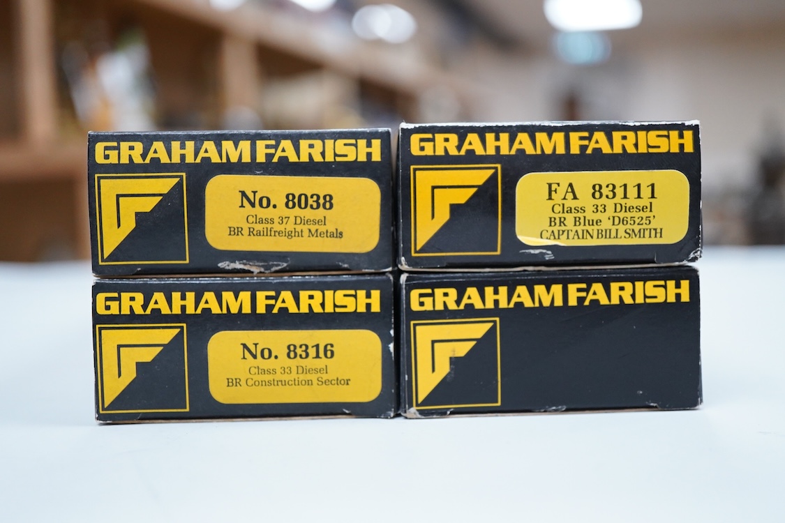 Four boxed Graham Farish N gauge railway diesel locomotives; a BR class 33, D6525 (FA83111), a BR class 33, 33012 (8315), a BR class 33, 33 056 (8316) and a BR class 37, 37 906 (8038).